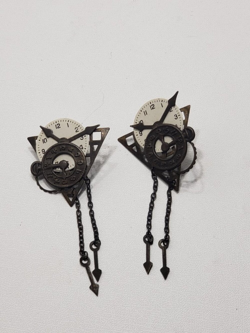 Vintage Steampunk Clock Face Dangle Earrings Art Deco Arrow Chain Retro
